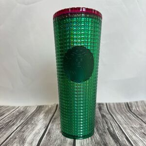 Starbucks 2022 Watermelon Iridescent Grid Venti 24oz Tumbler Green Bright Pink